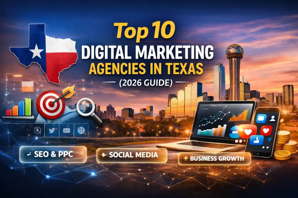 Top 10 digital marketing agencies in Texas showcasing SEO, PPC, social media marketing and business growth services