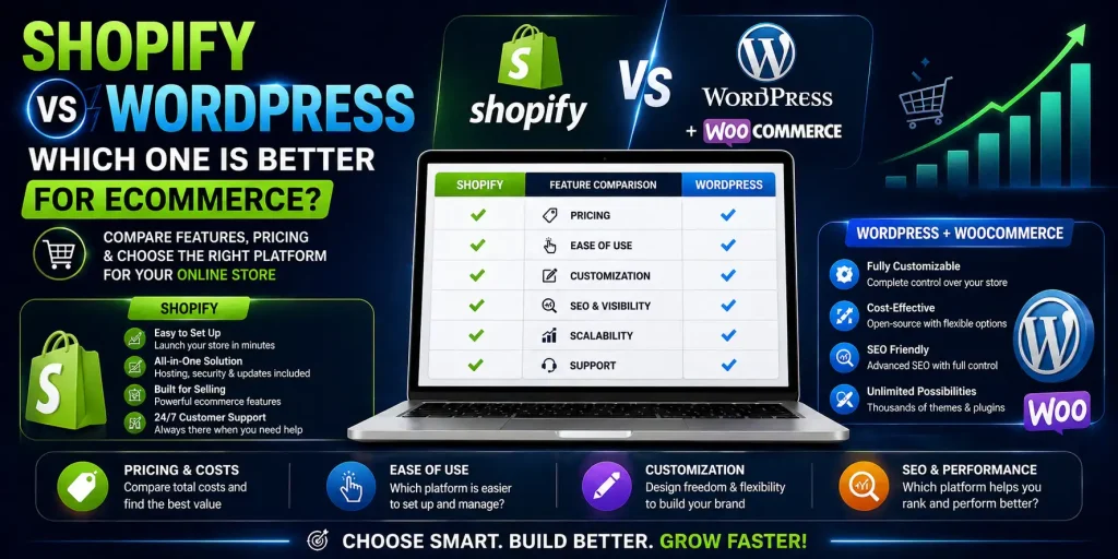 Shopify vs WordPress comparison showing pricing, features, SEO and ecommerce performance differences