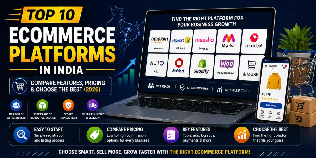 Top ecommerce platforms in India including Amazon, Flipkart, Shopify and Meesho with features, pricing and comparison